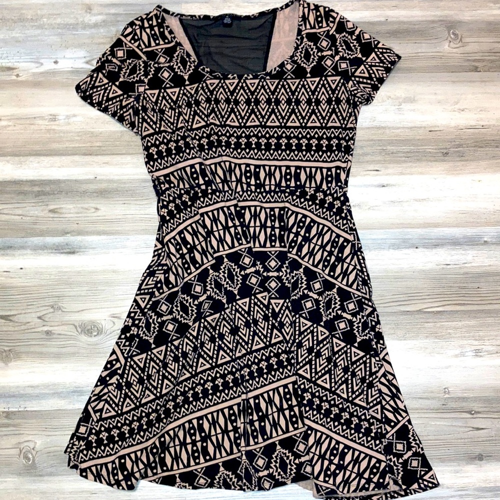 Black and Tan tribal printed dress with v back